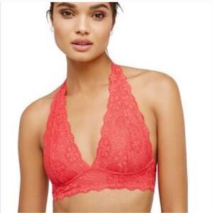INTIMATELY FREE PEOPLE Paradise Red Sheer Lace Feminine Halter Bralette Sz M